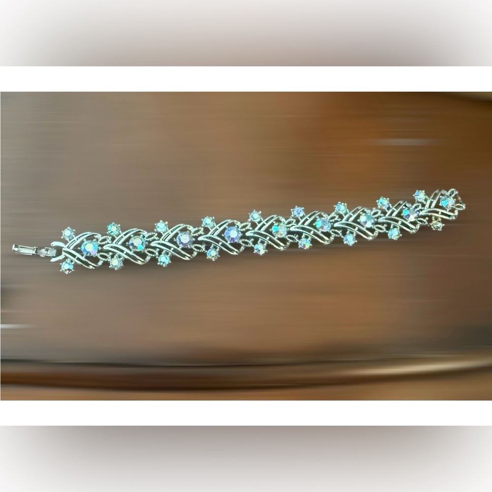 1950’s Mid Century Aqua Rhinestone Statement Bracelet  in a  Silver Setting, 7”